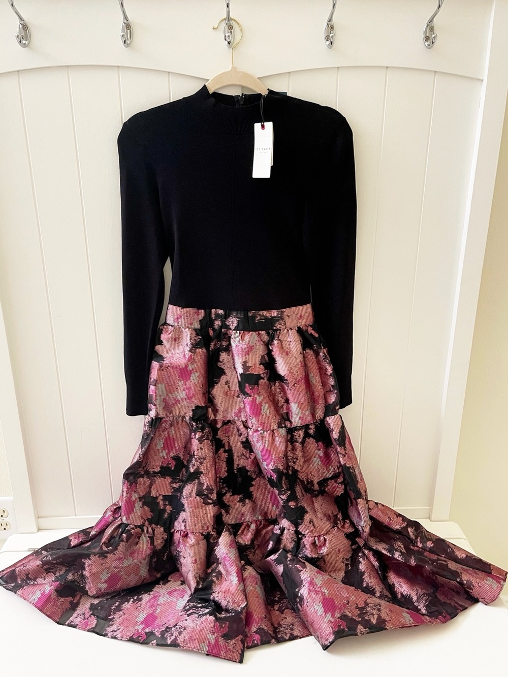 Ted Baker Black Top with Pink Floral Tiered Skirt Dress — Size 1